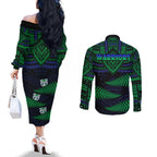 warriors-rugby-couples-matching-off-the-shoulder-long-sleeve-dress-and-long-sleeve-button-shirts-aotearoa-fern-polynesian-pattern