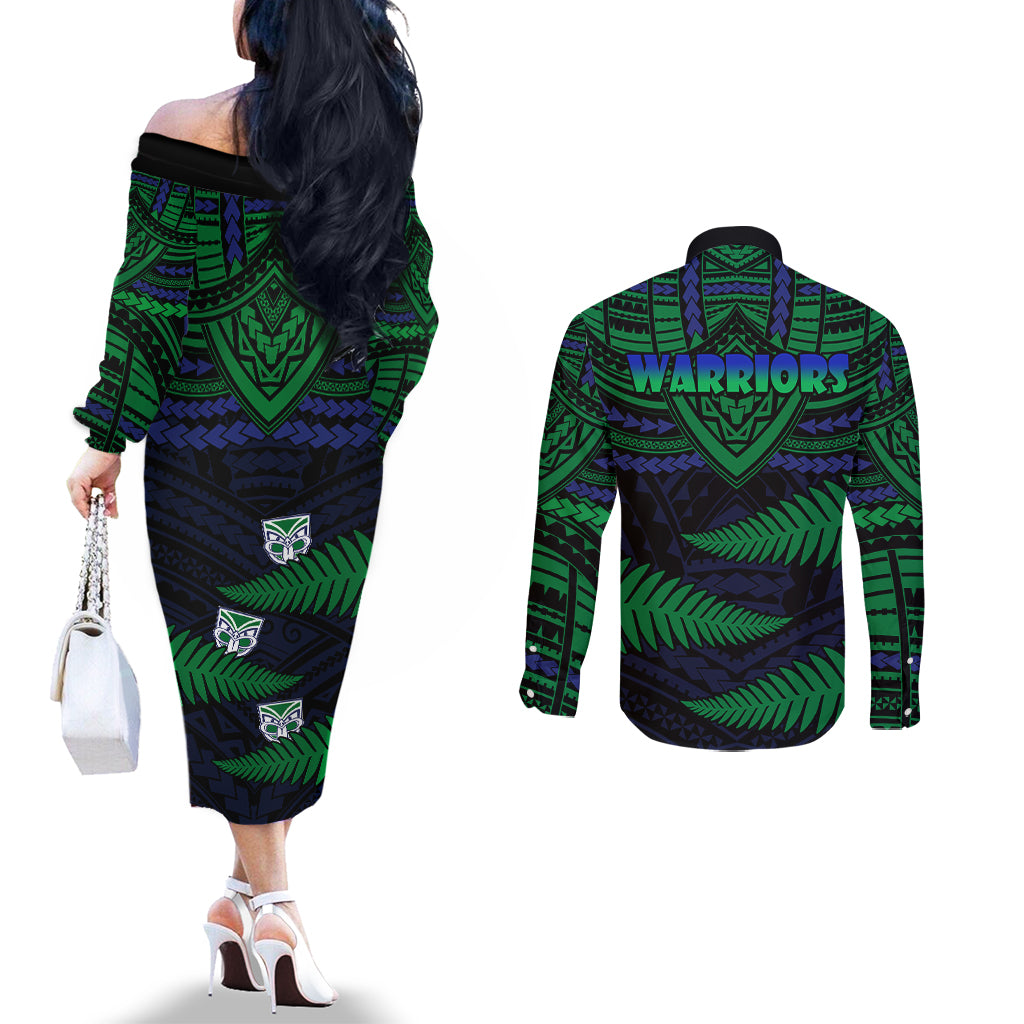 warriors-rugby-couples-matching-off-the-shoulder-long-sleeve-dress-and-long-sleeve-button-shirts-aotearoa-fern-polynesian-pattern