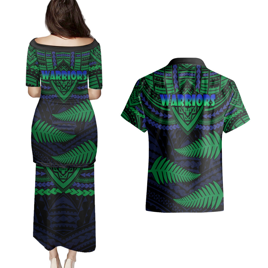 warriors-rugby-couples-matching-puletasi-dress-and-hawaiian-shirt-aotearoa-fern-polynesian-pattern