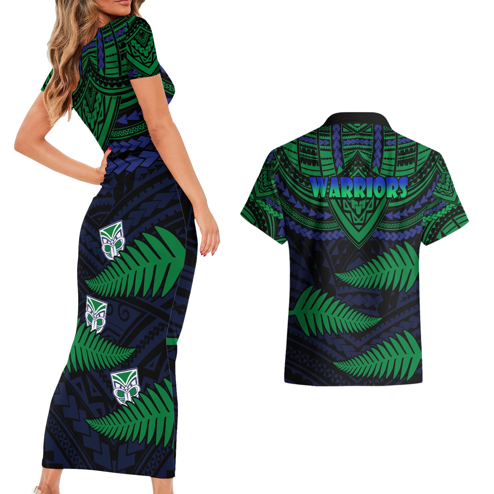 warriors-rugby-couples-matching-short-sleeve-bodycon-dress-and-hawaiian-shirt-aotearoa-fern-polynesian-pattern