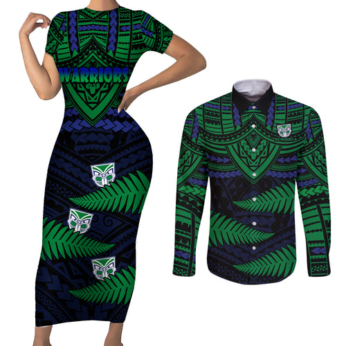 warriors-rugby-couples-matching-short-sleeve-bodycon-dress-and-long-sleeve-button-shirts-aotearoa-fern-polynesian-pattern