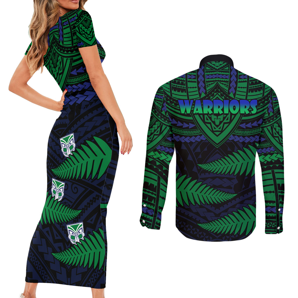 warriors-rugby-couples-matching-short-sleeve-bodycon-dress-and-long-sleeve-button-shirts-aotearoa-fern-polynesian-pattern