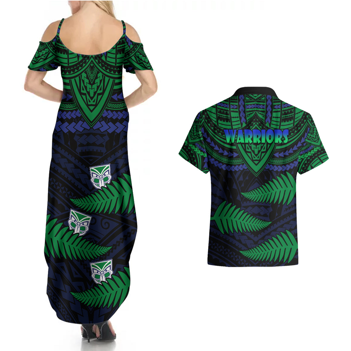 warriors-rugby-couples-matching-summer-maxi-dress-and-hawaiian-shirt-aotearoa-fern-polynesian-pattern