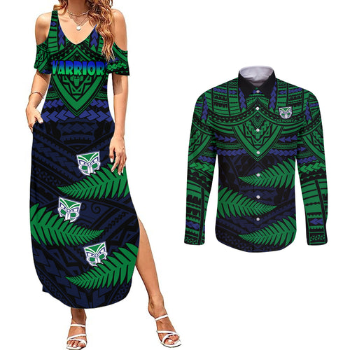 warriors-rugby-couples-matching-summer-maxi-dress-and-long-sleeve-button-shirts-aotearoa-fern-polynesian-pattern