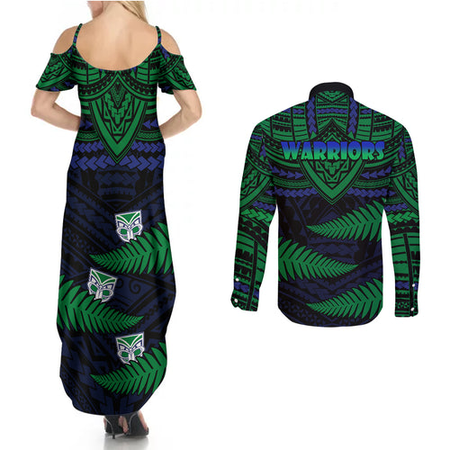 warriors-rugby-couples-matching-summer-maxi-dress-and-long-sleeve-button-shirts-aotearoa-fern-polynesian-pattern