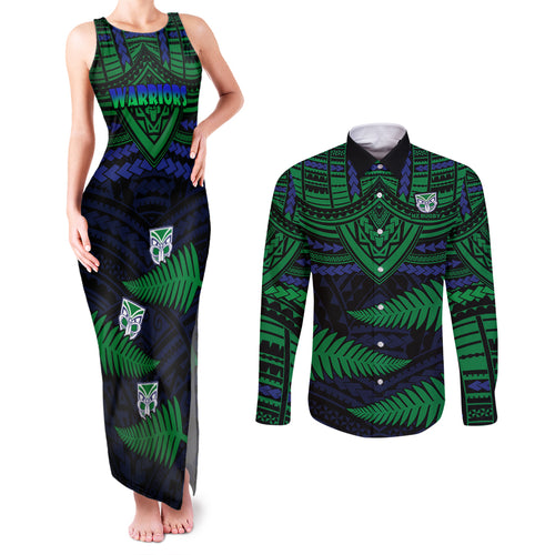 warriors-rugby-couples-matching-tank-maxi-dress-and-long-sleeve-button-shirts-aotearoa-fern-polynesian-pattern