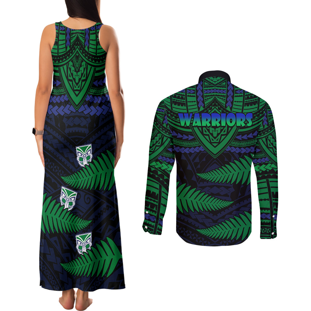 warriors-rugby-couples-matching-tank-maxi-dress-and-long-sleeve-button-shirts-aotearoa-fern-polynesian-pattern