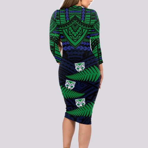 warriors-rugby-long-sleeve-bodycon-dress-aotearoa-fern-polynesian-pattern