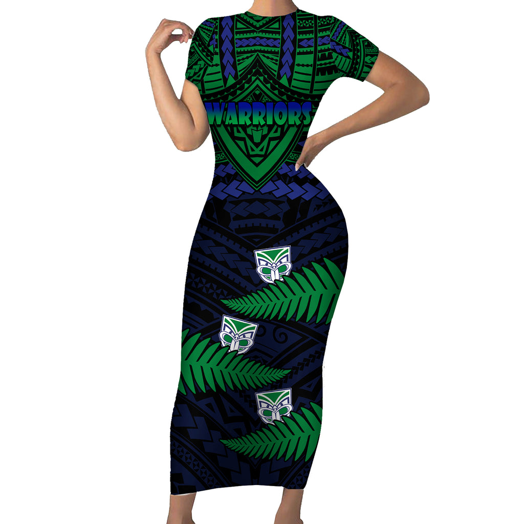 warriors-rugby-short-sleeve-bodycon-dress-aotearoa-fern-polynesian-pattern