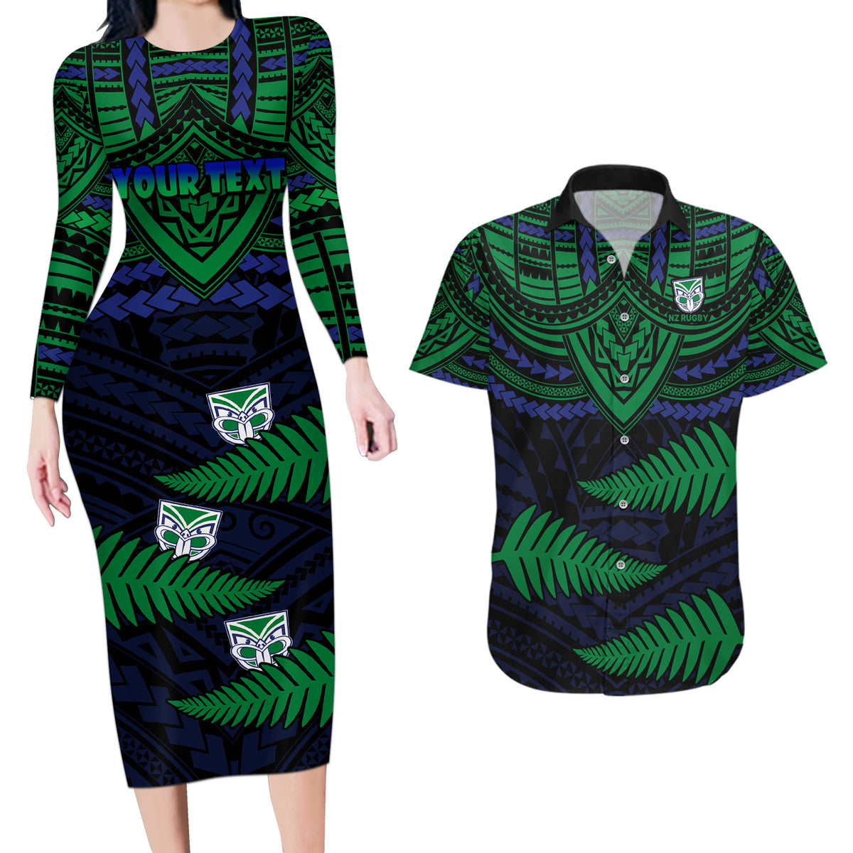 custom-warriors-rugby-couples-matching-long-sleeve-bodycon-dress-and-hawaiian-shirt-aotearoa-fern-polynesian-pattern