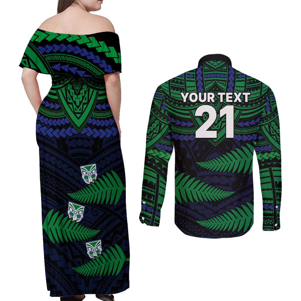 custom-warriors-rugby-couples-matching-off-shoulder-maxi-dress-and-long-sleeve-button-shirts-aotearoa-fern-polynesian-pattern