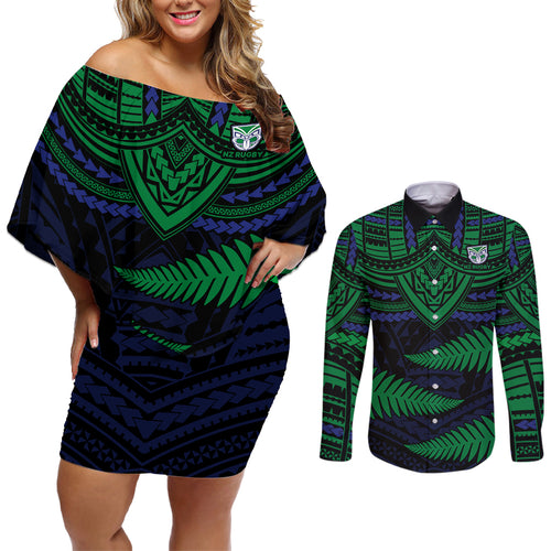 custom-warriors-rugby-couples-matching-off-shoulder-short-dress-and-long-sleeve-button-shirts-aotearoa-fern-polynesian-pattern