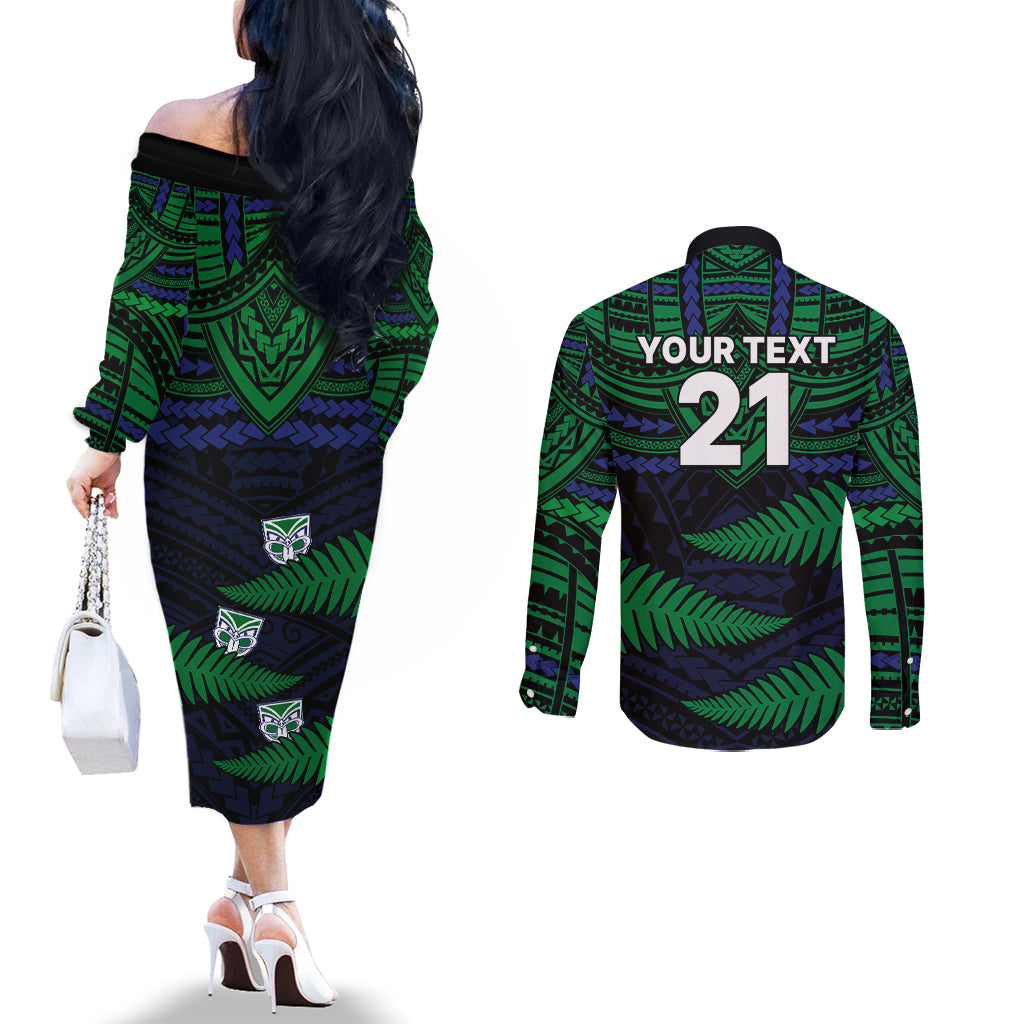 custom-warriors-rugby-couples-matching-off-the-shoulder-long-sleeve-dress-and-long-sleeve-button-shirts-aotearoa-fern-polynesian-pattern
