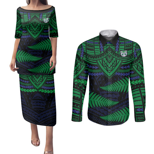 custom-warriors-rugby-couples-matching-puletasi-dress-and-long-sleeve-button-shirts-aotearoa-fern-polynesian-pattern