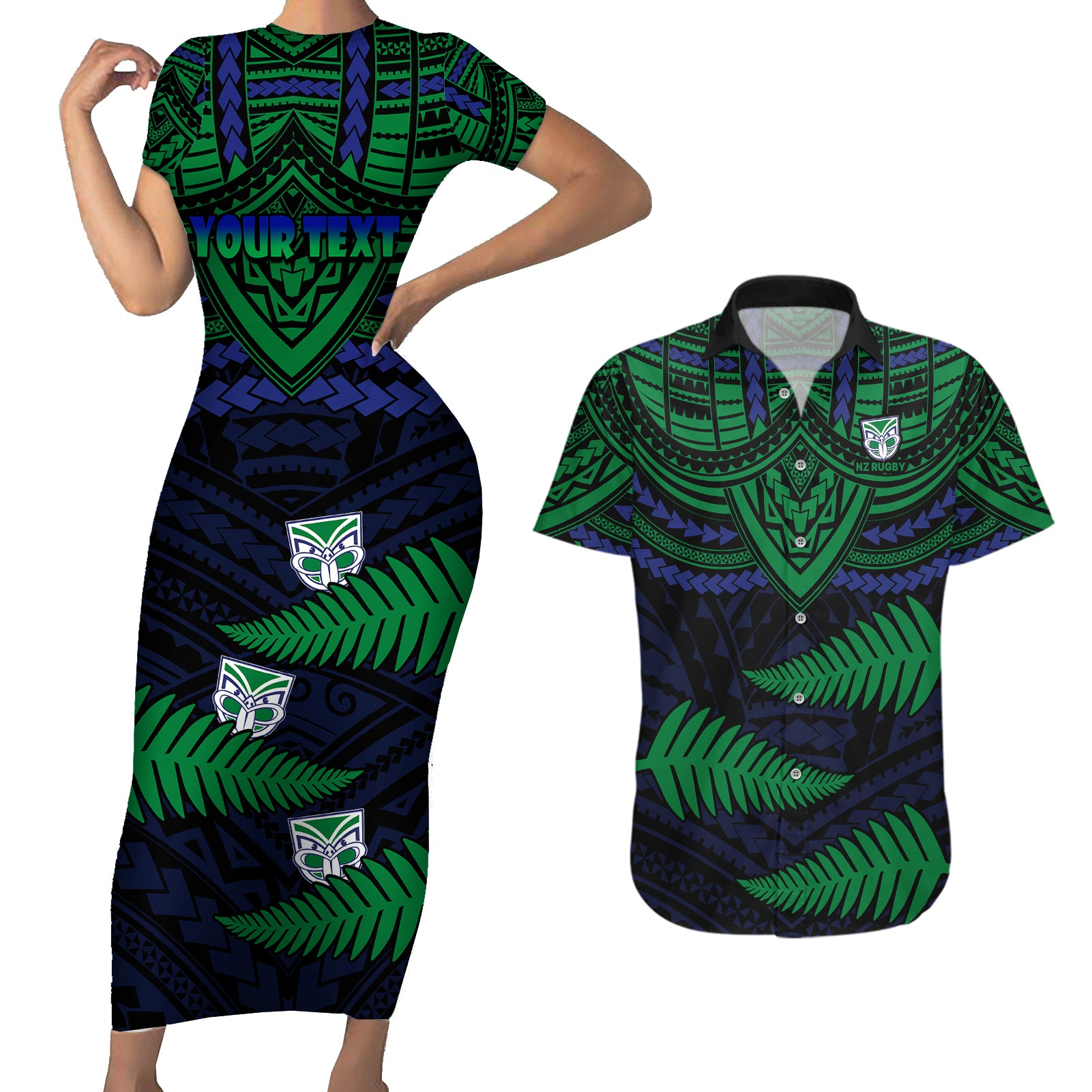 custom-warriors-rugby-couples-matching-short-sleeve-bodycon-dress-and-hawaiian-shirt-aotearoa-fern-polynesian-pattern