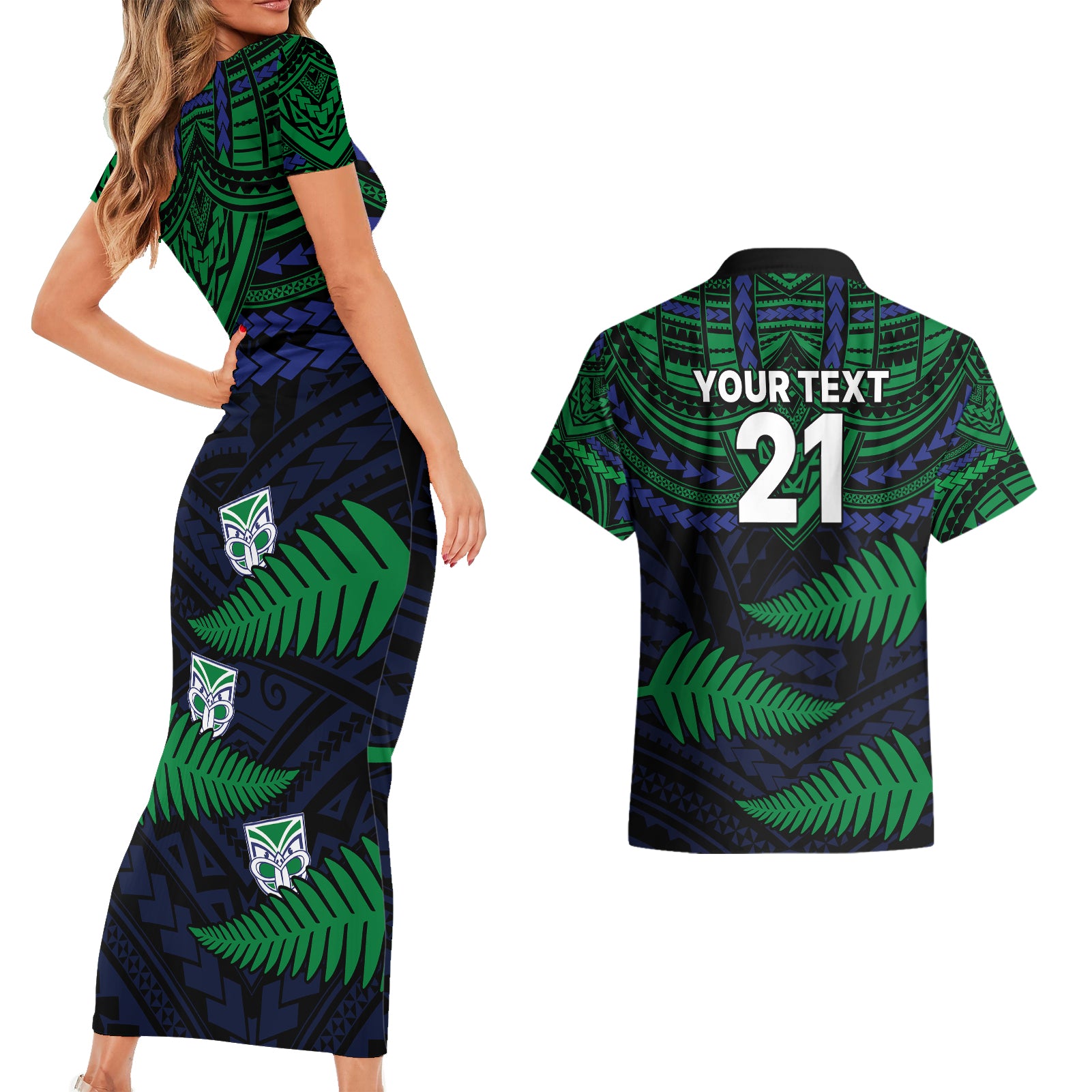 custom-warriors-rugby-couples-matching-short-sleeve-bodycon-dress-and-hawaiian-shirt-aotearoa-fern-polynesian-pattern