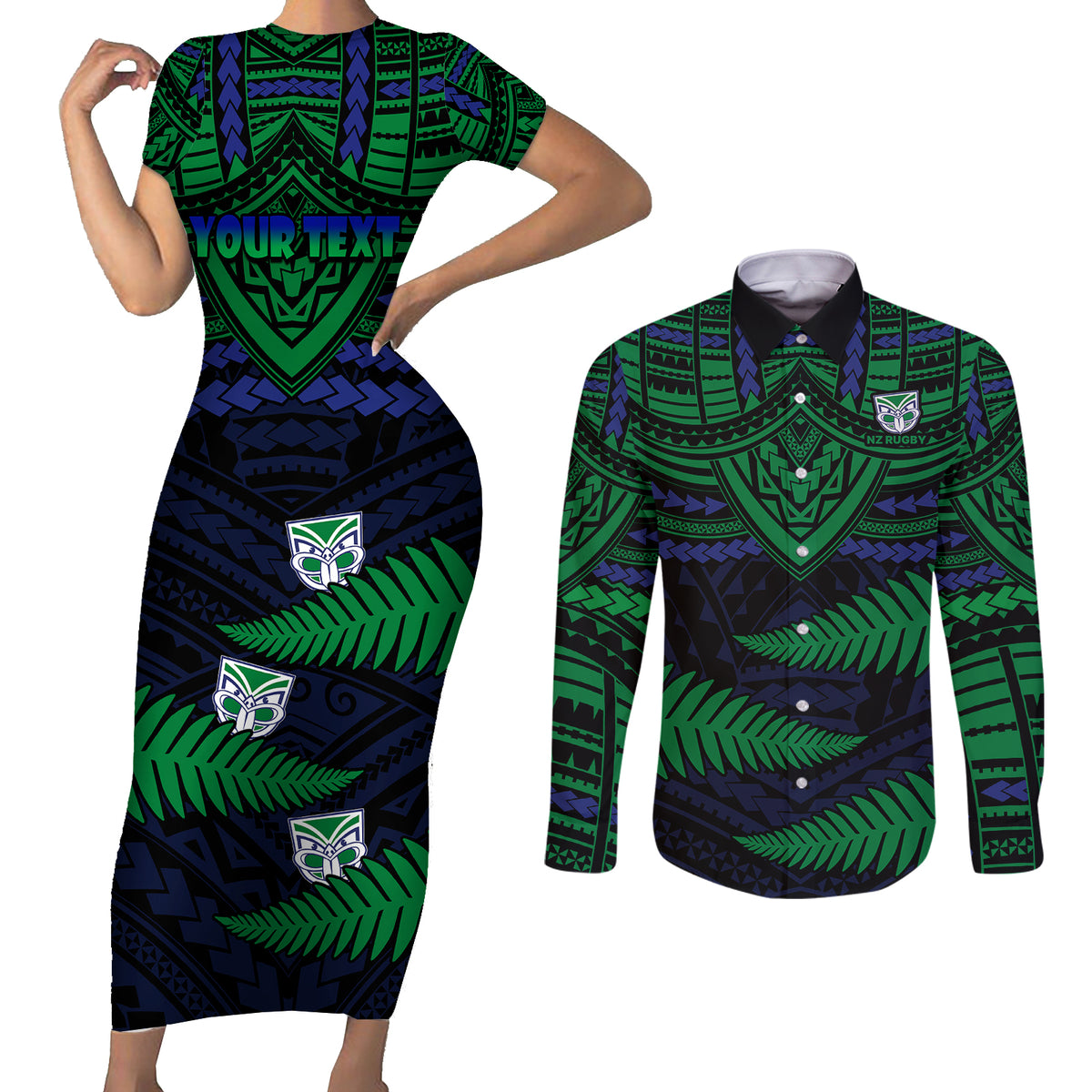 custom-warriors-rugby-couples-matching-short-sleeve-bodycon-dress-and-long-sleeve-button-shirts-aotearoa-fern-polynesian-pattern