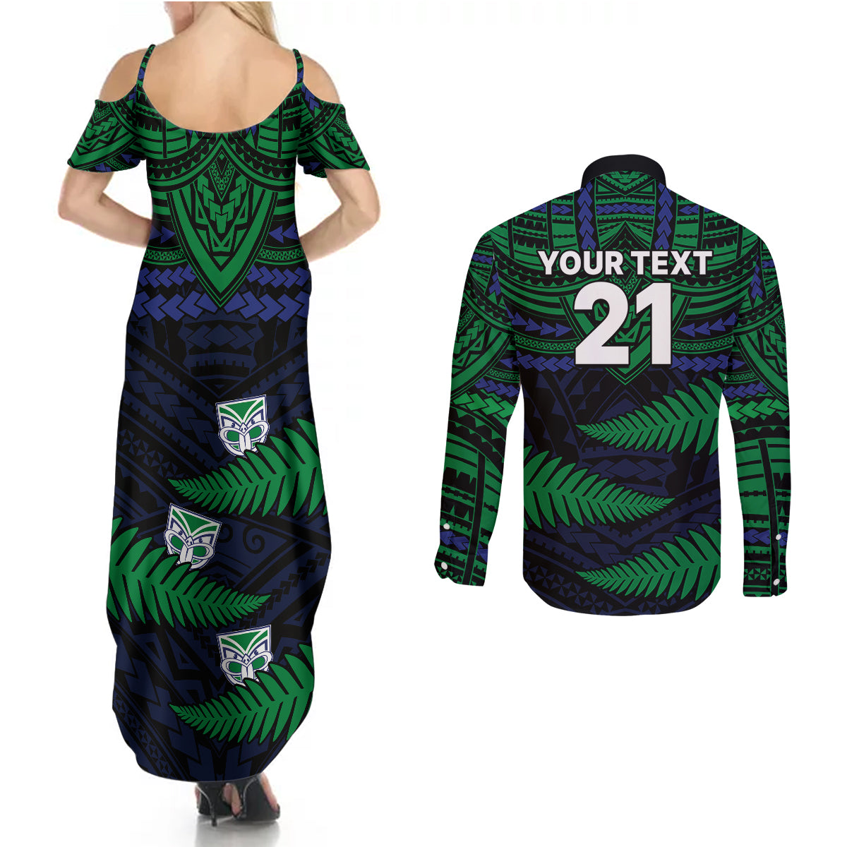 custom-warriors-rugby-couples-matching-summer-maxi-dress-and-long-sleeve-button-shirts-aotearoa-fern-polynesian-pattern