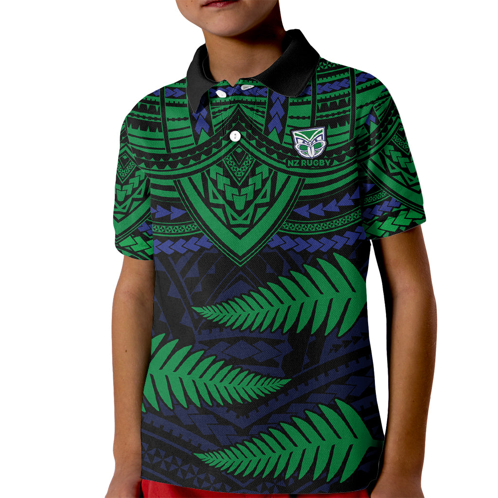 custom-warriors-rugby-kid-polo-shirt-aotearoa-fern-polynesian-pattern