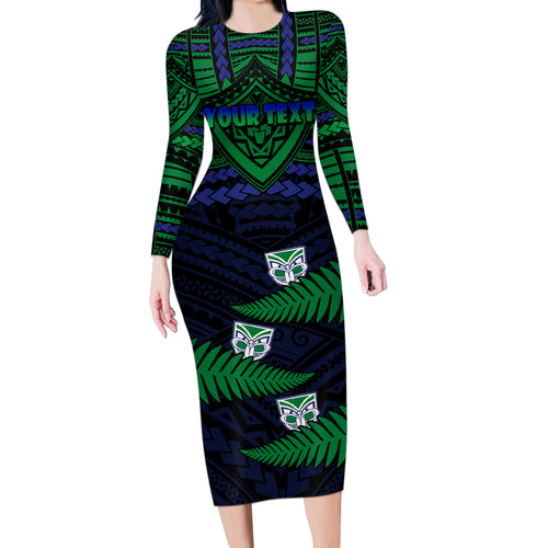 custom-warriors-rugby-long-sleeve-bodycon-dress-aotearoa-fern-polynesian-pattern