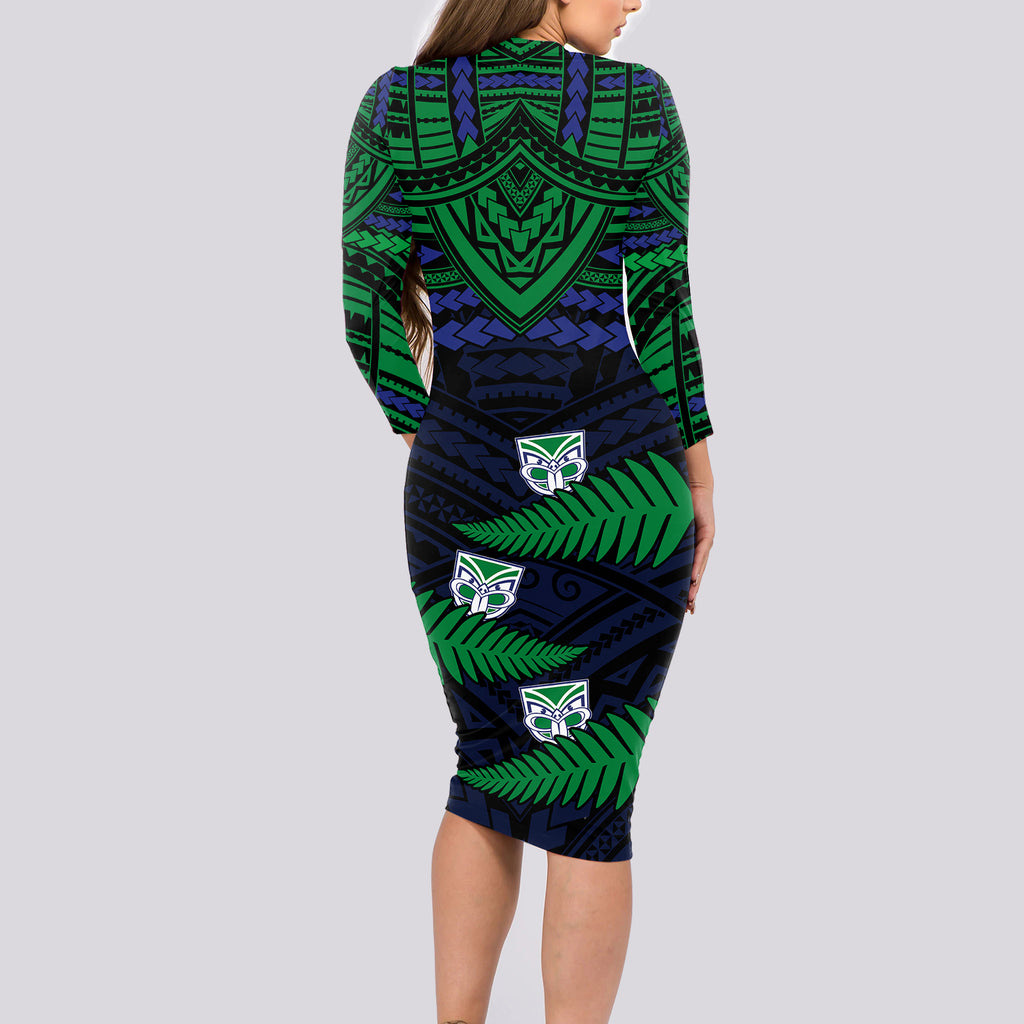 custom-warriors-rugby-long-sleeve-bodycon-dress-aotearoa-fern-polynesian-pattern