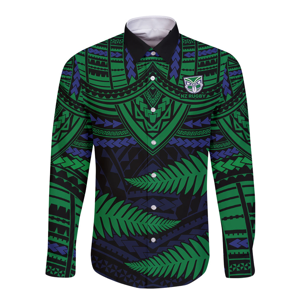 custom-warriors-rugby-long-sleeve-button-shirt-aotearoa-fern-polynesian-pattern