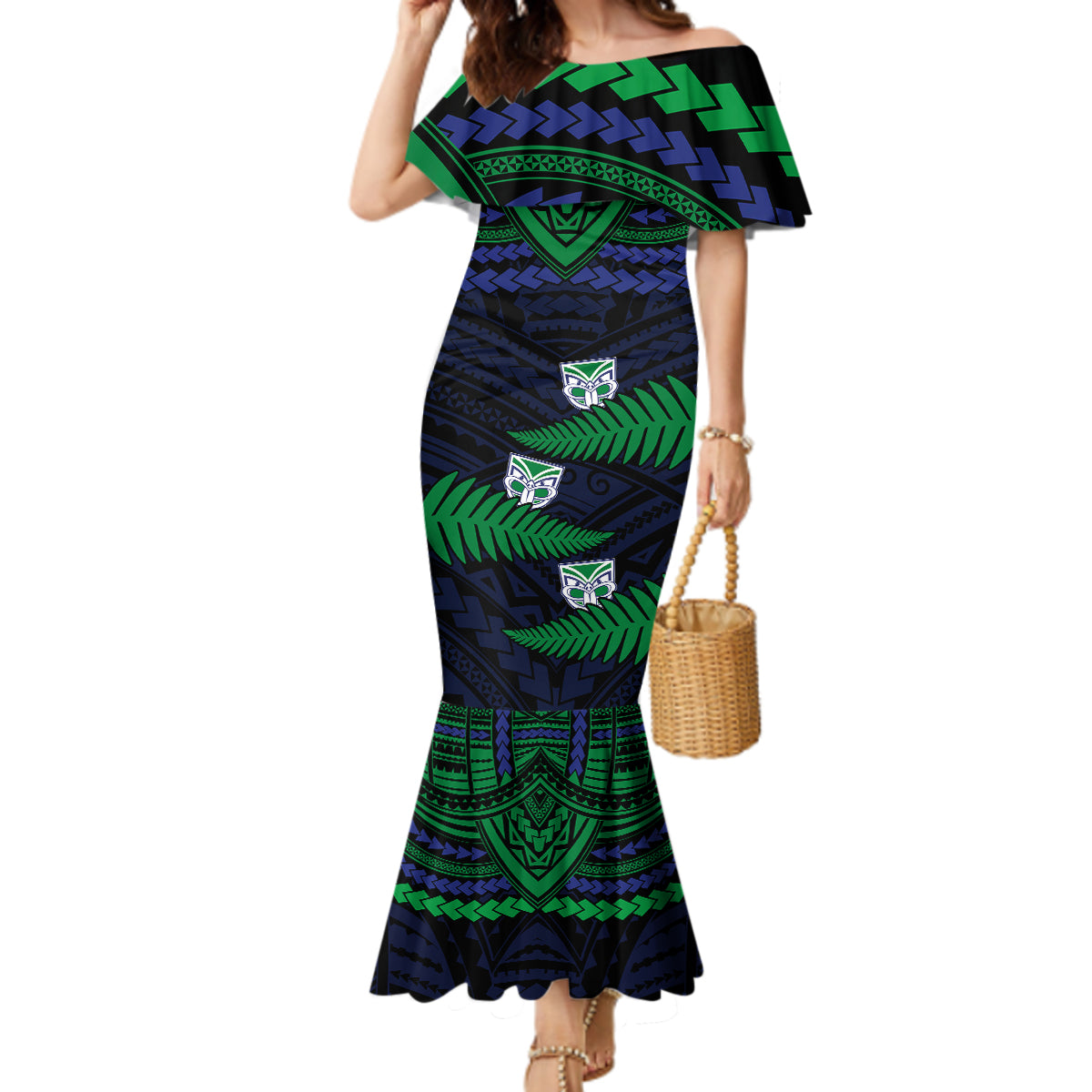 custom-warriors-rugby-mermaid-dress-aotearoa-fern-polynesian-pattern