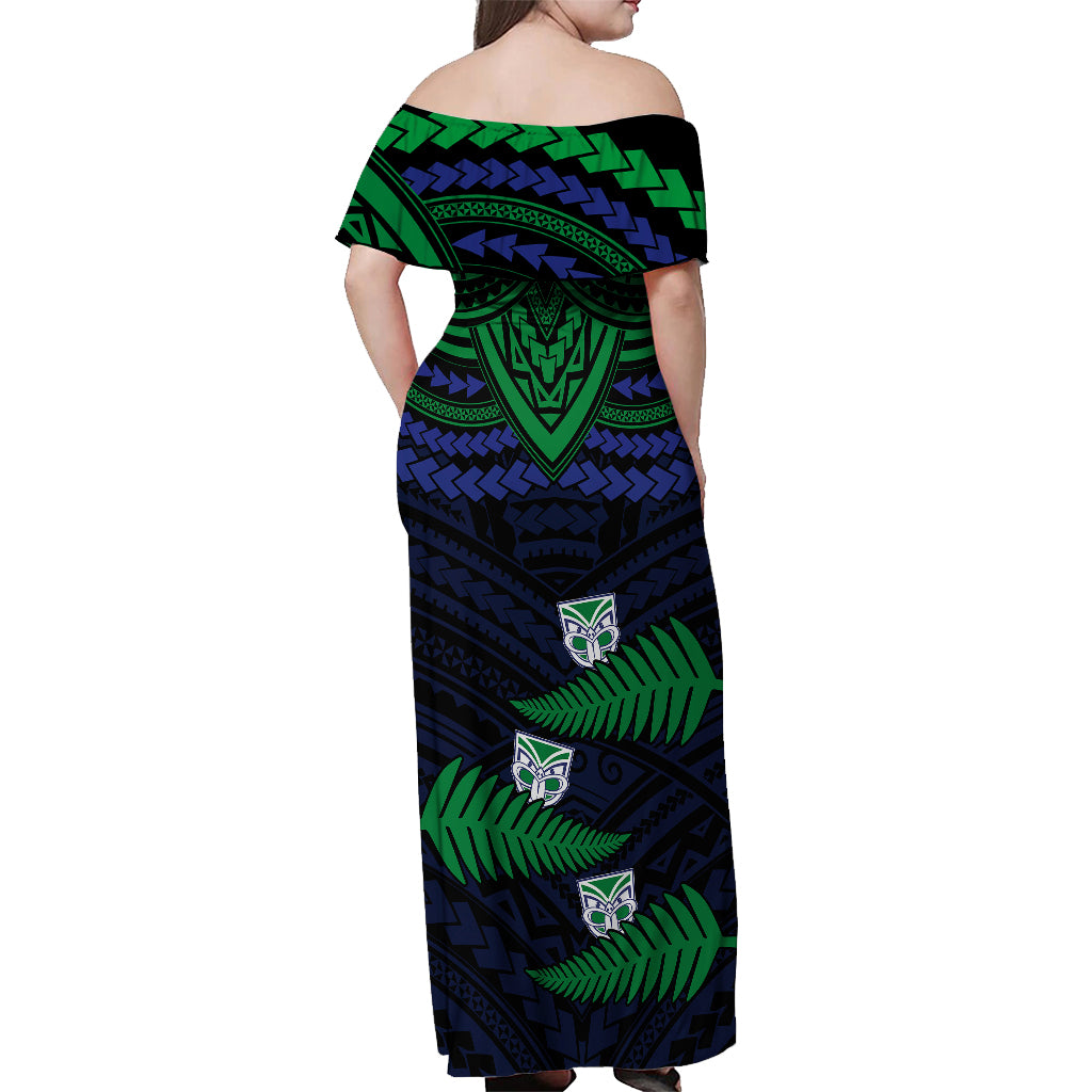 custom-warriors-rugby-off-shoulder-maxi-dress-aotearoa-fern-polynesian-pattern