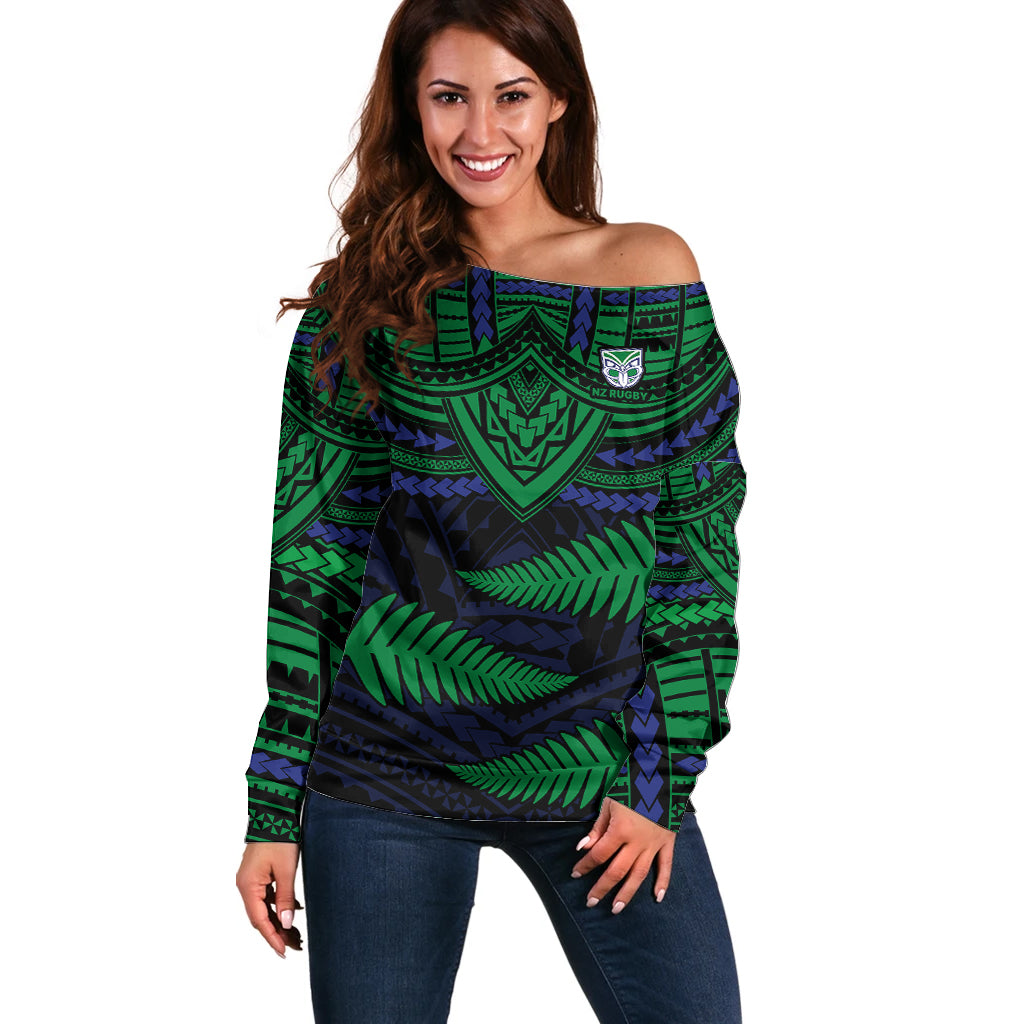 custom-warriors-rugby-off-shoulder-sweater-aotearoa-fern-polynesian-pattern