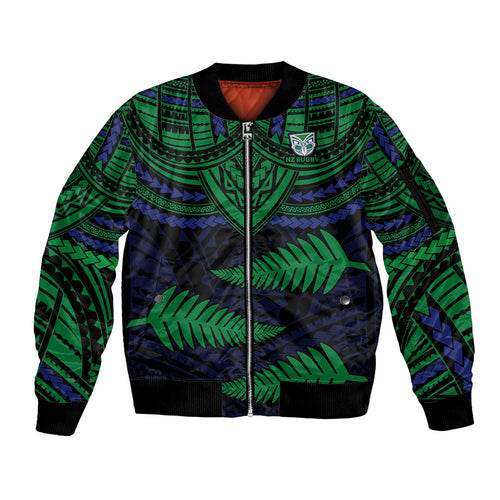 custom-warriors-rugby-sleeve-zip-bomber-jacket-aotearoa-fern-polynesian-pattern