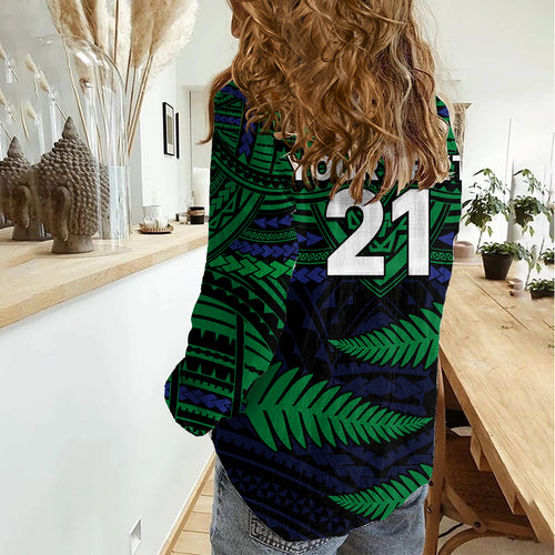 Custom Warriors Rugby Women Casual Shirt Aotearoa Fern Polynesian Pattern LT9
