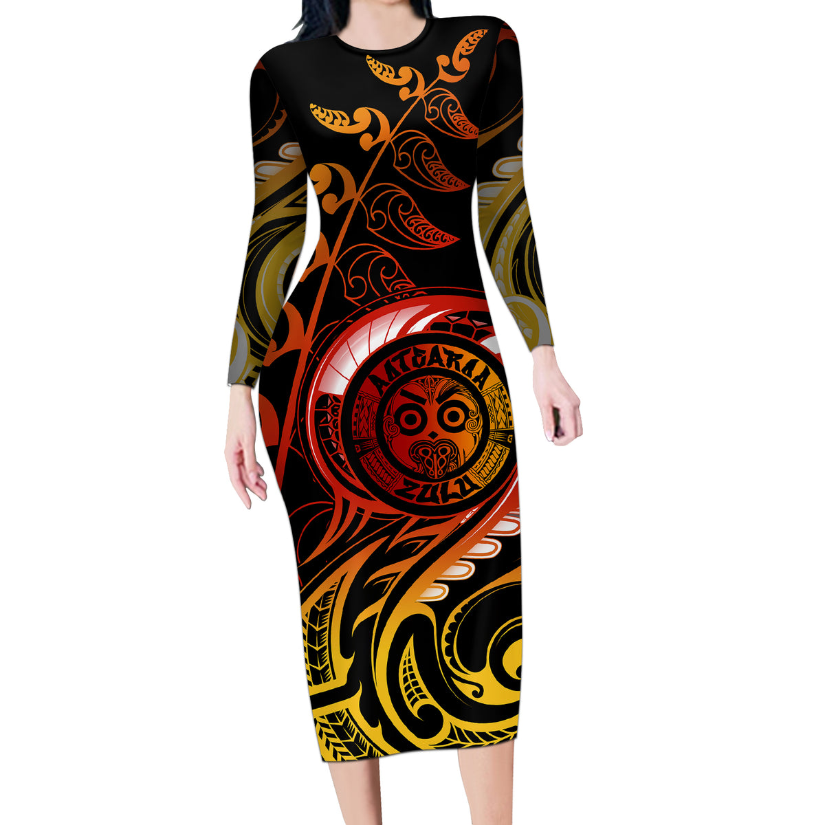 new-zealand-long-sleeve-bodycon-dress-aotearoa-wisdom-face-maori-fern-tattoo-arty