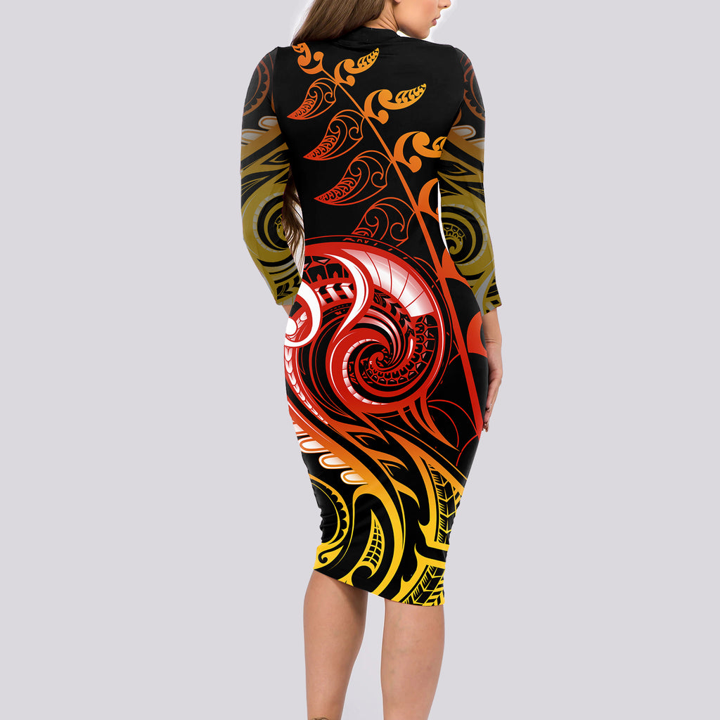 new-zealand-long-sleeve-bodycon-dress-aotearoa-wisdom-face-maori-fern-tattoo-arty