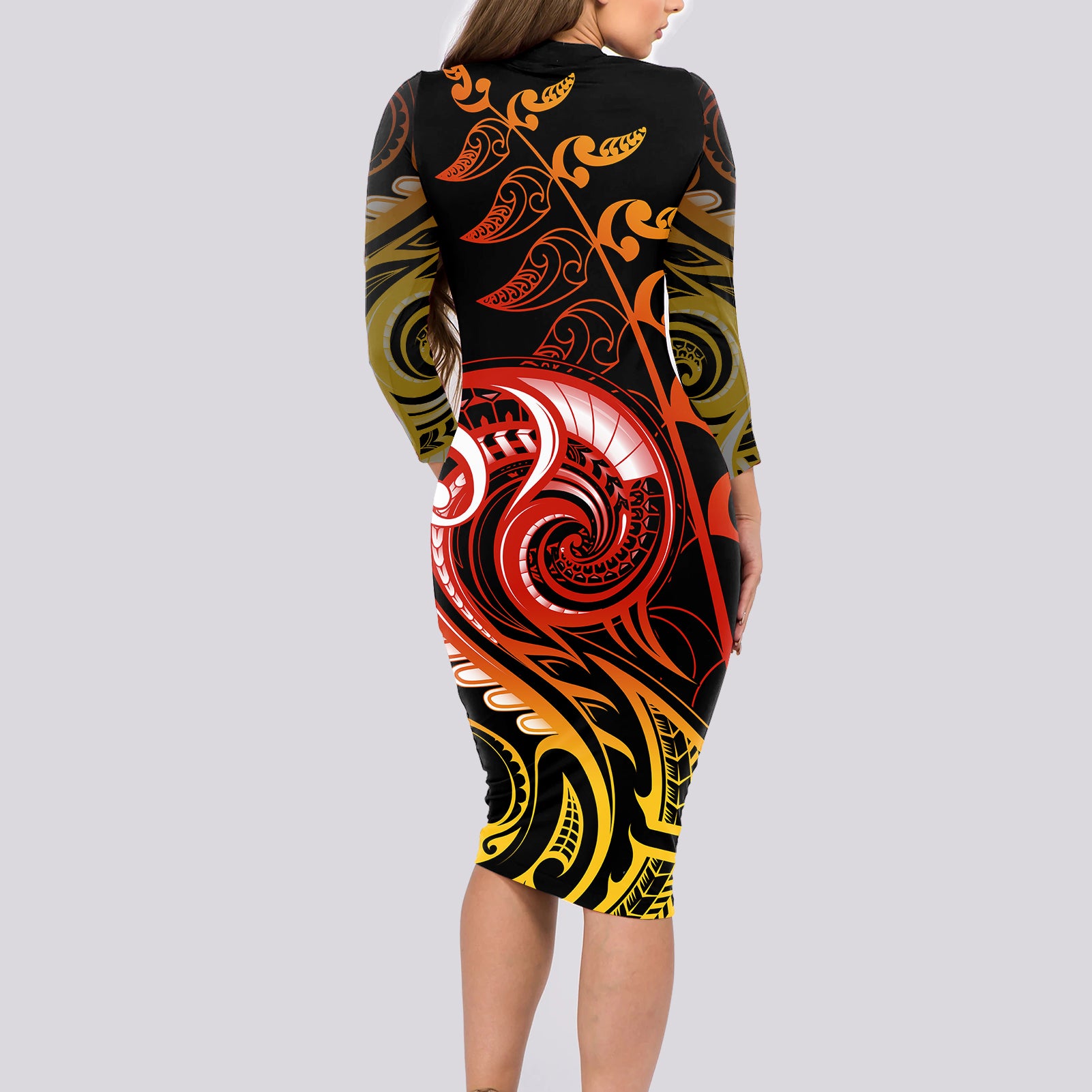 new-zealand-long-sleeve-bodycon-dress-aotearoa-wisdom-face-maori-fern-tattoo-arty