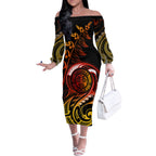 new-zealand-off-the-shoulder-long-sleeve-dress-aotearoa-wisdom-face-maori-fern-tattoo-arty