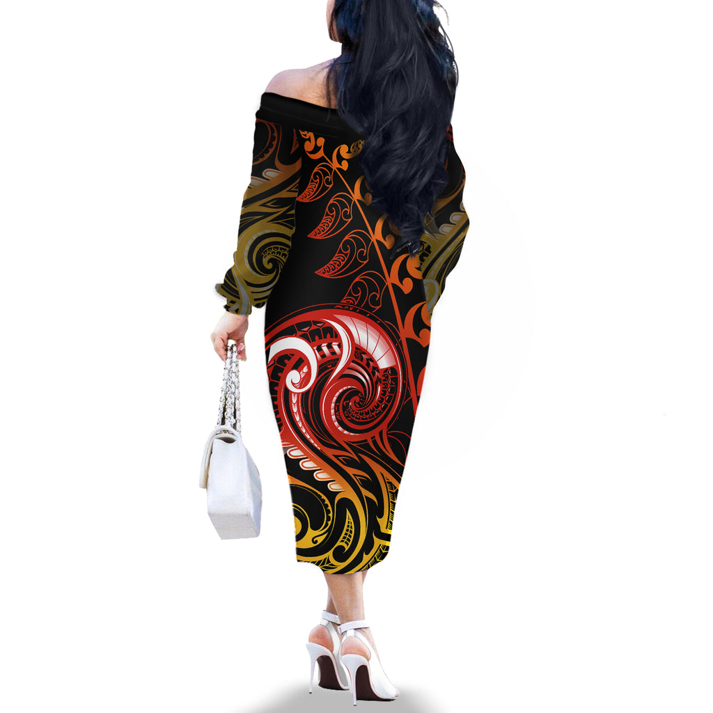 new-zealand-off-the-shoulder-long-sleeve-dress-aotearoa-wisdom-face-maori-fern-tattoo-arty