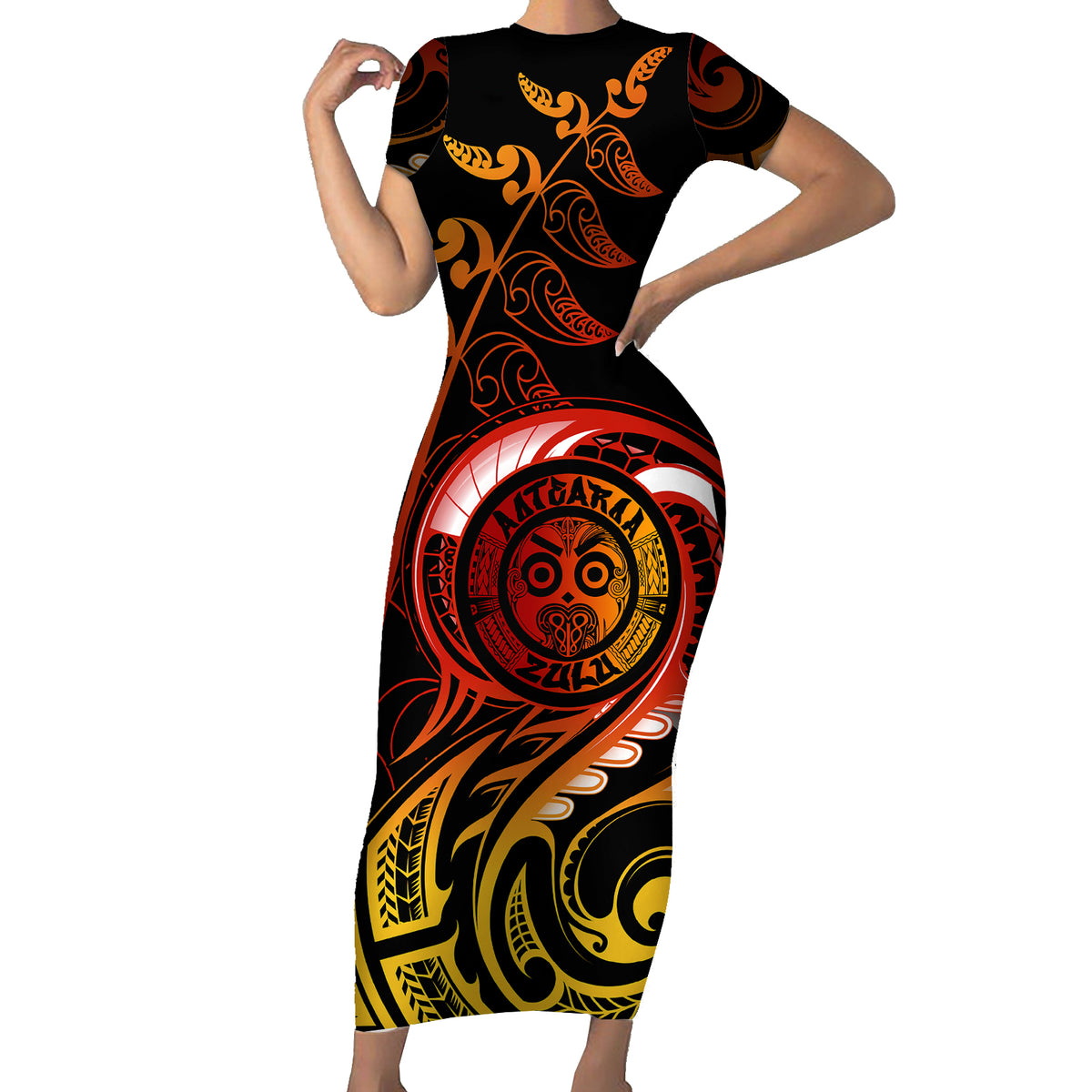 new-zealand-short-sleeve-bodycon-dress-aotearoa-wisdom-face-maori-fern-tattoo-arty