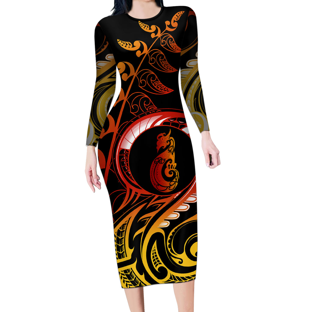 new-zealand-long-sleeve-bodycon-dress-aotearoa-manaia-maori-fern-tattoo-arty