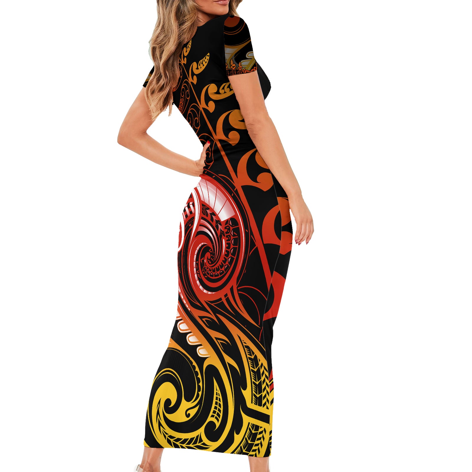 new-zealand-short-sleeve-bodycon-dress-aotearoa-manaia-maori-fern-tattoo-arty