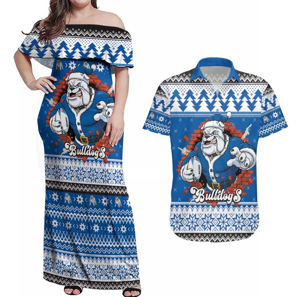 Angry Santa Bulldog Personalized Couples Matching Off Shoulder Maxi Dress and Hawaiian Shirt Christmas Rugby League Spirit - Aussie Hoodie