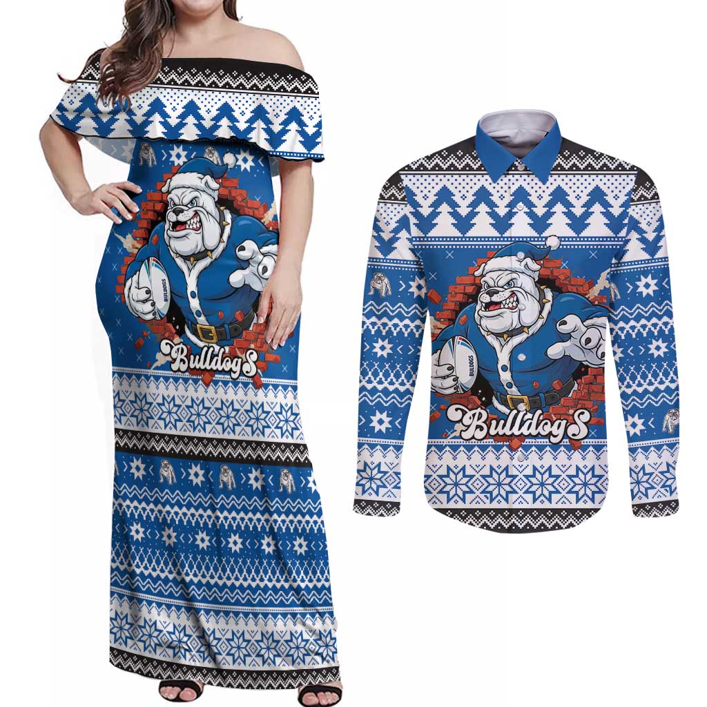 Angry Santa Bulldog Personalized Couples Matching Off Shoulder Maxi Dress and Long Sleeve Button Shirt Christmas Rugby League Spirit - Aussie Hoodie