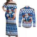 Angry Santa Bulldog Personalized Couples Matching Off Shoulder Maxi Dress and Long Sleeve Button Shirt Christmas Rugby League Spirit - Aussie Hoodie