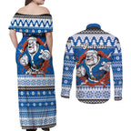 Angry Santa Bulldog Personalized Couples Matching Off Shoulder Maxi Dress and Long Sleeve Button Shirt Christmas Rugby League Spirit - Aussie Hoodie