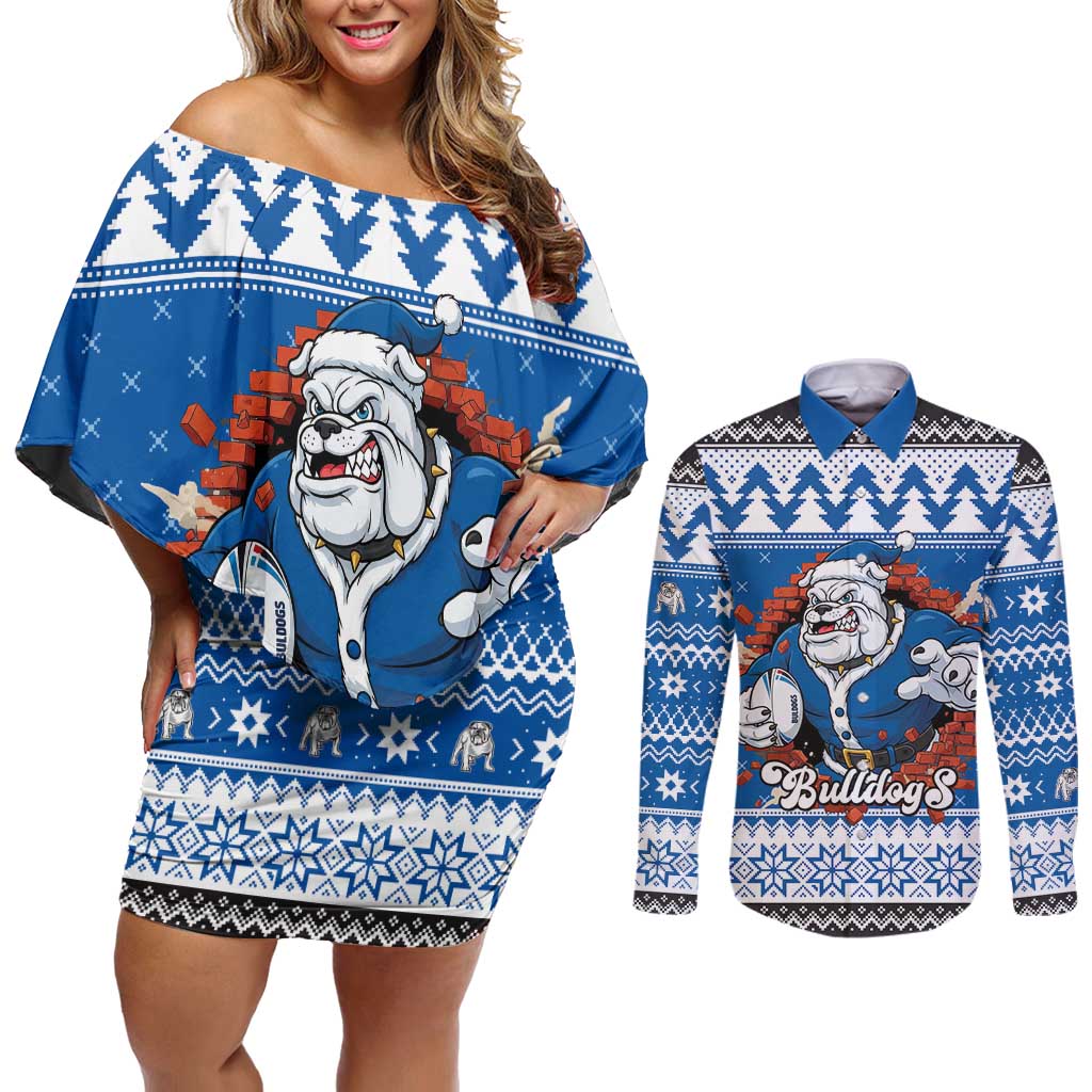 Angry Santa Bulldog Personalized Couples Matching Off Shoulder Short Dress and Long Sleeve Button Shirt Christmas Rugby League Spirit - Aussie Hoodie