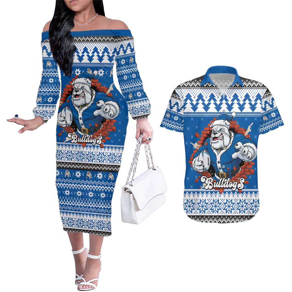 Angry Santa Bulldog Personalized Couples Matching Off The Shoulder Long Sleeve Dress and Hawaiian Shirt Christmas Rugby League Spirit - Aussie Hoodie