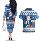 Angry Santa Bulldog Personalized Couples Matching Off The Shoulder Long Sleeve Dress and Hawaiian Shirt Christmas Rugby League Spirit - Aussie Hoodie