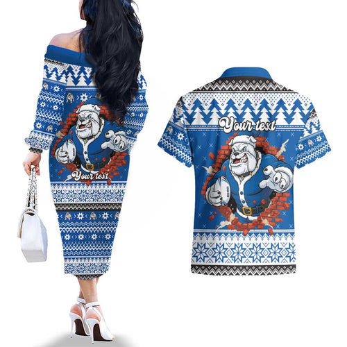 Angry Santa Bulldog Personalized Couples Matching Off The Shoulder Long Sleeve Dress and Hawaiian Shirt Christmas Rugby League Spirit - Aussie Hoodie