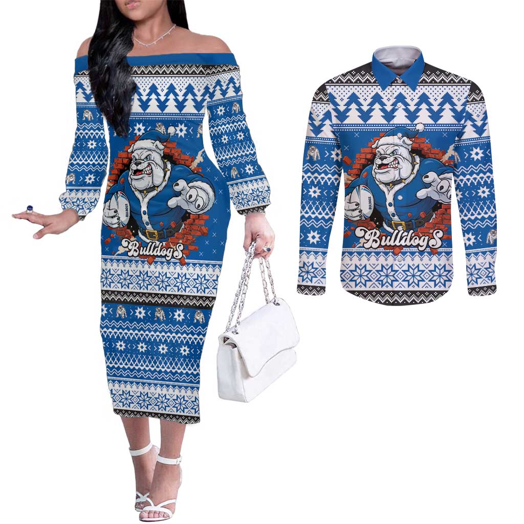 Angry Santa Bulldog Personalized Couples Matching Off The Shoulder Long Sleeve Dress and Long Sleeve Button Shirt Christmas Rugby League Spirit - Aussie Hoodie