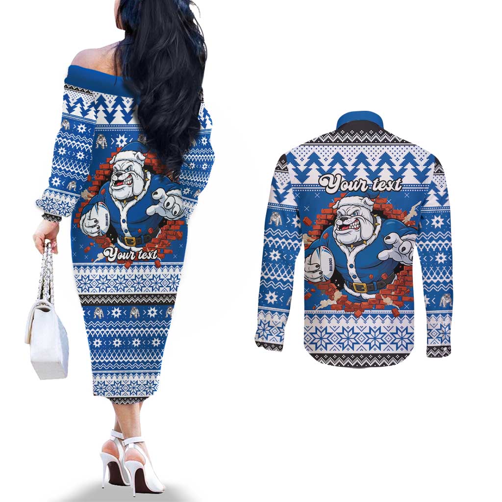 Angry Santa Bulldog Personalized Couples Matching Off The Shoulder Long Sleeve Dress and Long Sleeve Button Shirt Christmas Rugby League Spirit - Aussie Hoodie