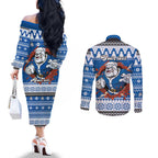 Angry Santa Bulldog Personalized Couples Matching Off The Shoulder Long Sleeve Dress and Long Sleeve Button Shirt Christmas Rugby League Spirit - Aussie Hoodie